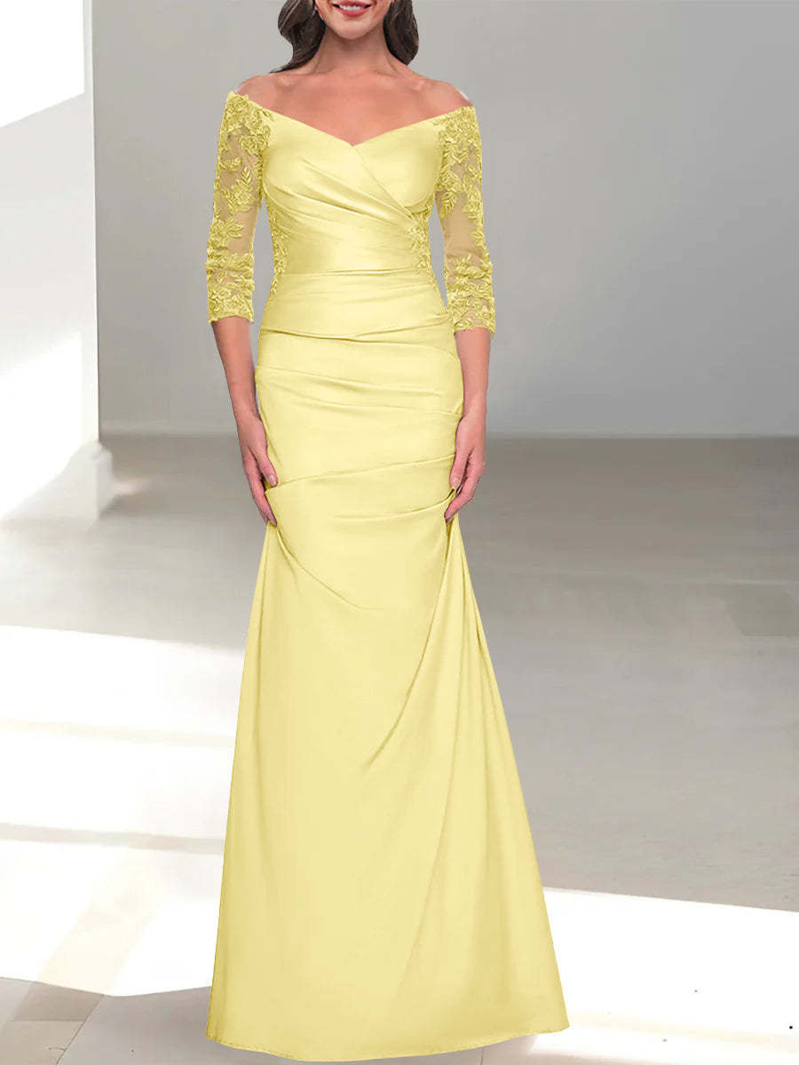 Mermaid/Trumpet Off-the-Shoulder Mother of the Bride Dress with 3/4 Sleeves and Beading-BMbridal