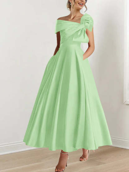Off-the-Shoulder Sleeveless A-Line Princess Ankle-Length Mother of the Bride Dress with Bow(s)-BMbridal