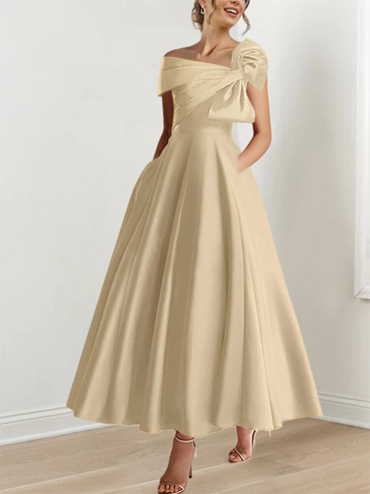 Off-the-Shoulder Sleeveless A-Line Princess Ankle-Length Mother of the Bride Dress with Bow(s)-BMbridal