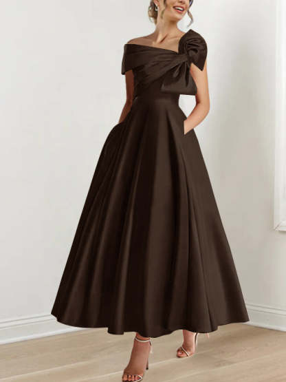 Off-the-Shoulder Sleeveless A-Line Princess Ankle-Length Mother of the Bride Dress with Bow(s)-BMbridal