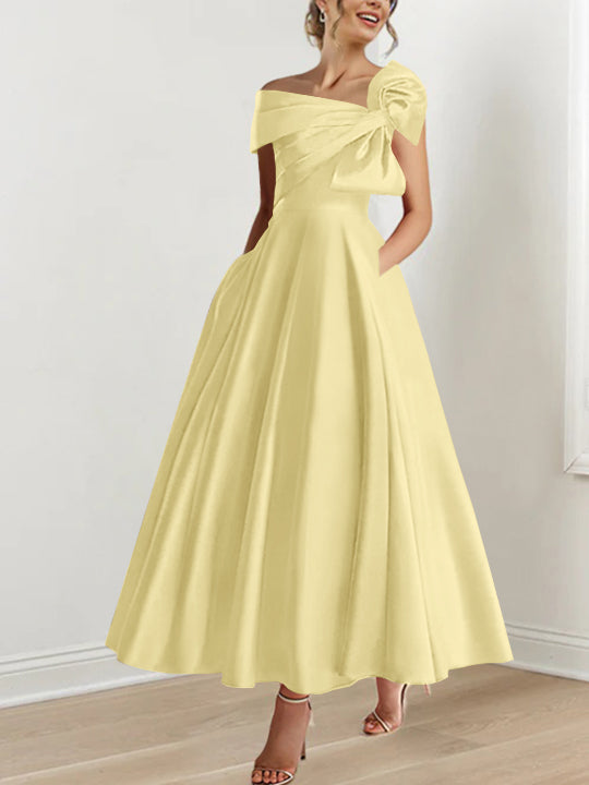 Off-the-Shoulder Sleeveless A-Line Princess Ankle-Length Mother of the Bride Dress with Bow(s)-BMbridal