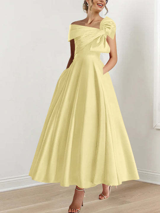 Off-the-Shoulder Sleeveless A-Line Princess Ankle-Length Mother of the Bride Dress with Bow(s)-BMbridal