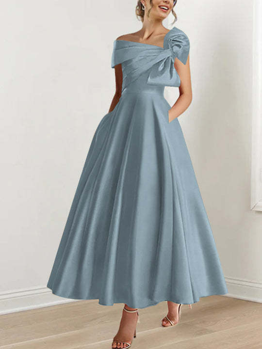 Off-the-Shoulder Sleeveless A-Line Princess Ankle-Length Mother of the Bride Dress with Bow(s)-BMbridal