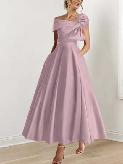 Off-the-Shoulder Sleeveless A-Line Princess Ankle-Length Mother of the Bride Dress with Bow(s)-BMbridal