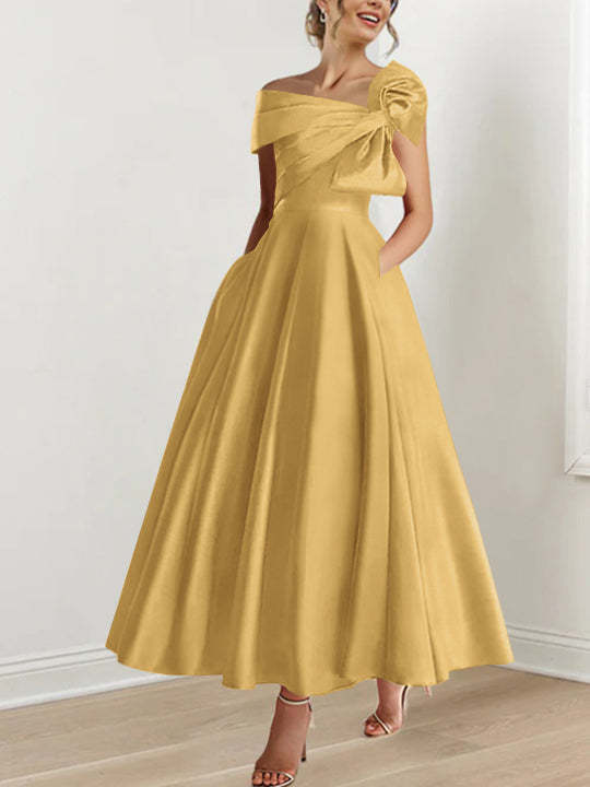 Off-the-Shoulder Sleeveless A-Line Princess Ankle-Length Mother of the Bride Dress with Bow(s)-BMbridal