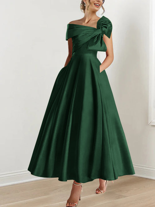 Off-the-Shoulder Sleeveless A-Line Princess Ankle-Length Mother of the Bride Dress with Bow(s)-BMbridal