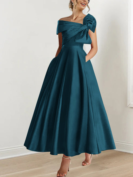 Off-the-Shoulder Sleeveless A-Line Princess Ankle-Length Mother of the Bride Dress with Bow(s)-BMbridal