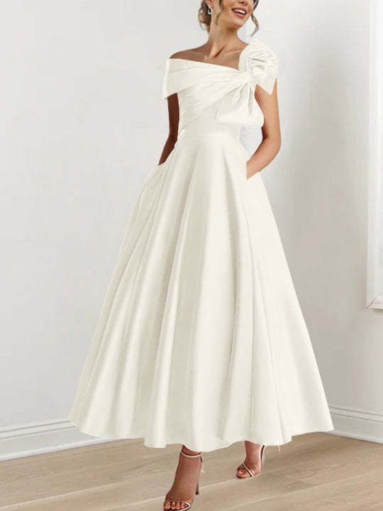 Off-the-Shoulder Sleeveless A-Line Princess Ankle-Length Mother of the Bride Dress with Bow(s)-BMbridal