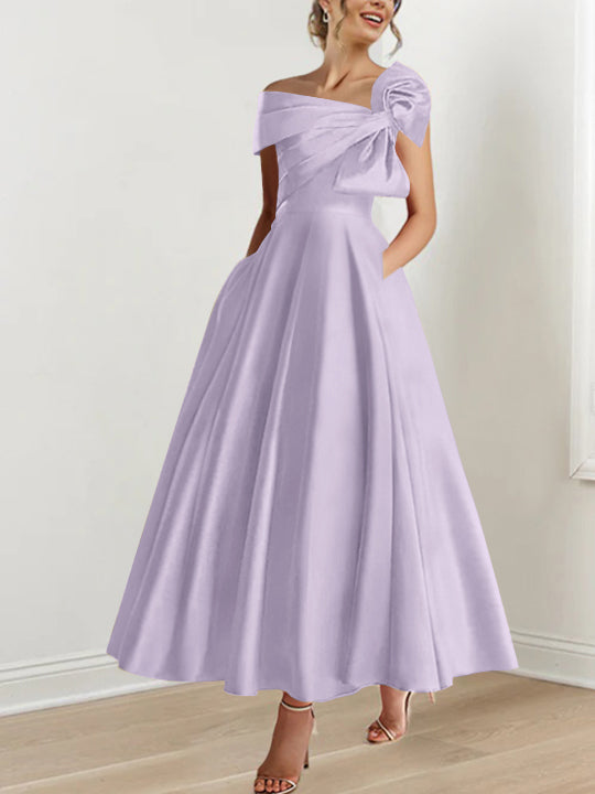 Off-the-Shoulder Sleeveless A-Line Princess Ankle-Length Mother of the Bride Dress with Bow(s)-BMbridal