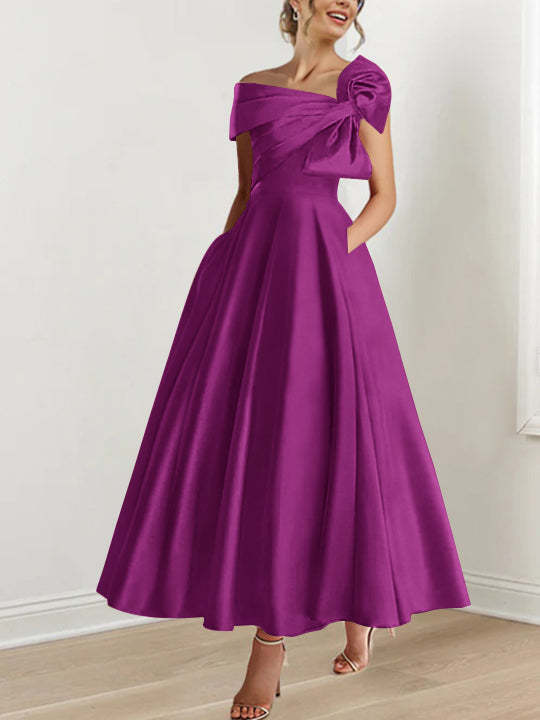 Off-the-Shoulder Sleeveless A-Line Princess Ankle-Length Mother of the Bride Dress with Bow(s)-BMbridal