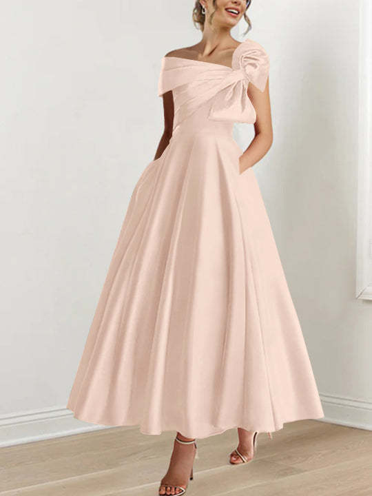 Off-the-Shoulder Sleeveless A-Line Princess Ankle-Length Mother of the Bride Dress with Bow(s)-BMbridal