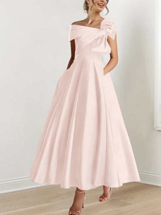 Off-the-Shoulder Sleeveless A-Line Princess Ankle-Length Mother of the Bride Dress with Bow(s)-BMbridal