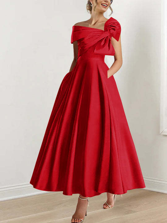 Off-the-Shoulder Sleeveless A-Line Princess Ankle-Length Mother of the Bride Dress with Bow(s)-BMbridal
