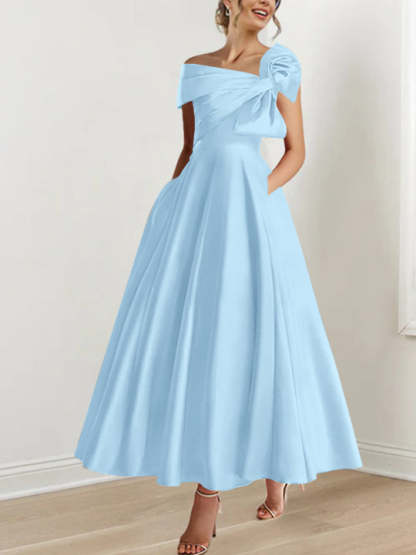Off-the-Shoulder Sleeveless A-Line Princess Ankle-Length Mother of the Bride Dress with Bow(s)-BMbridal