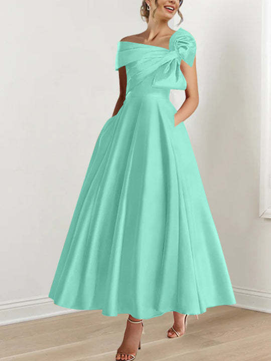 Off-the-Shoulder Sleeveless A-Line Princess Ankle-Length Mother of the Bride Dress with Bow(s)-BMbridal