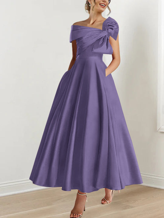 Off-the-Shoulder Sleeveless A-Line Princess Ankle-Length Mother of the Bride Dress with Bow(s)-BMbridal