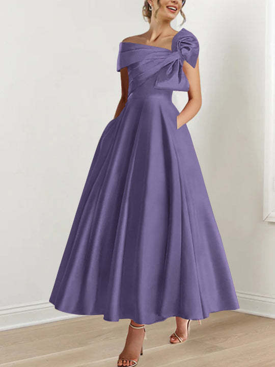 Off-the-Shoulder Sleeveless A-Line Princess Ankle-Length Mother of the Bride Dress with Bow(s)-BMbridal