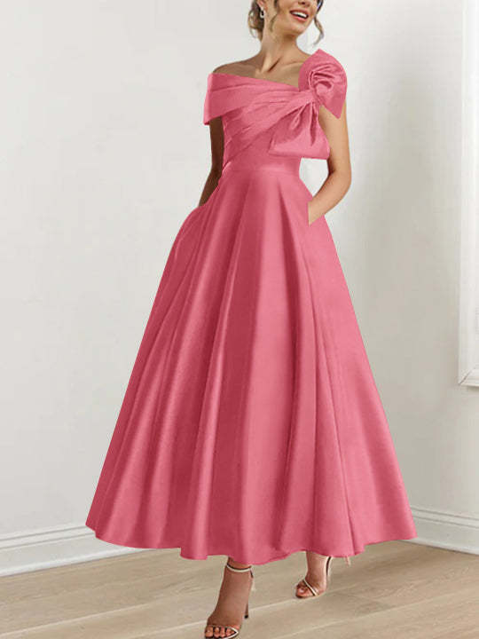 Off-the-Shoulder Sleeveless A-Line Princess Ankle-Length Mother of the Bride Dress with Bow(s)-BMbridal