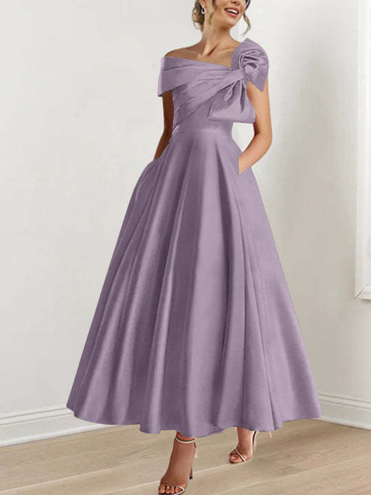 Off-the-Shoulder Sleeveless A-Line Princess Ankle-Length Mother of the Bride Dress with Bow(s)-BMbridal