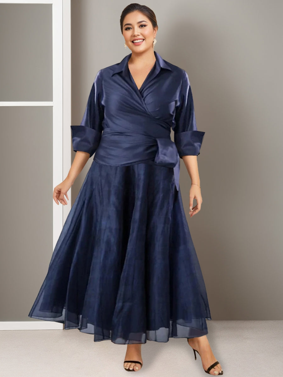 Plus Size V-Neck A-Line Princess Ankle-Length Ruched Mother of the Bride Dress with Half Sleeves-BMbridal