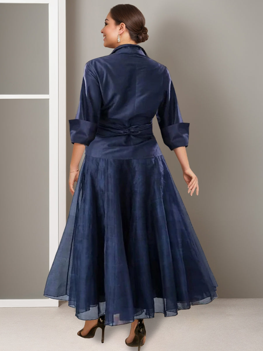 Plus Size V-Neck A-Line Princess Ankle-Length Ruched Mother of the Bride Dress with Half Sleeves-BMbridal