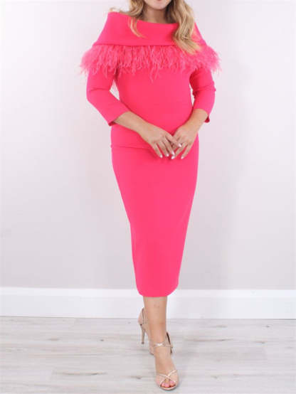 Tea-Length Sheath/Column Mother of the Bride Dress with 3/4 Sleeves and Feather