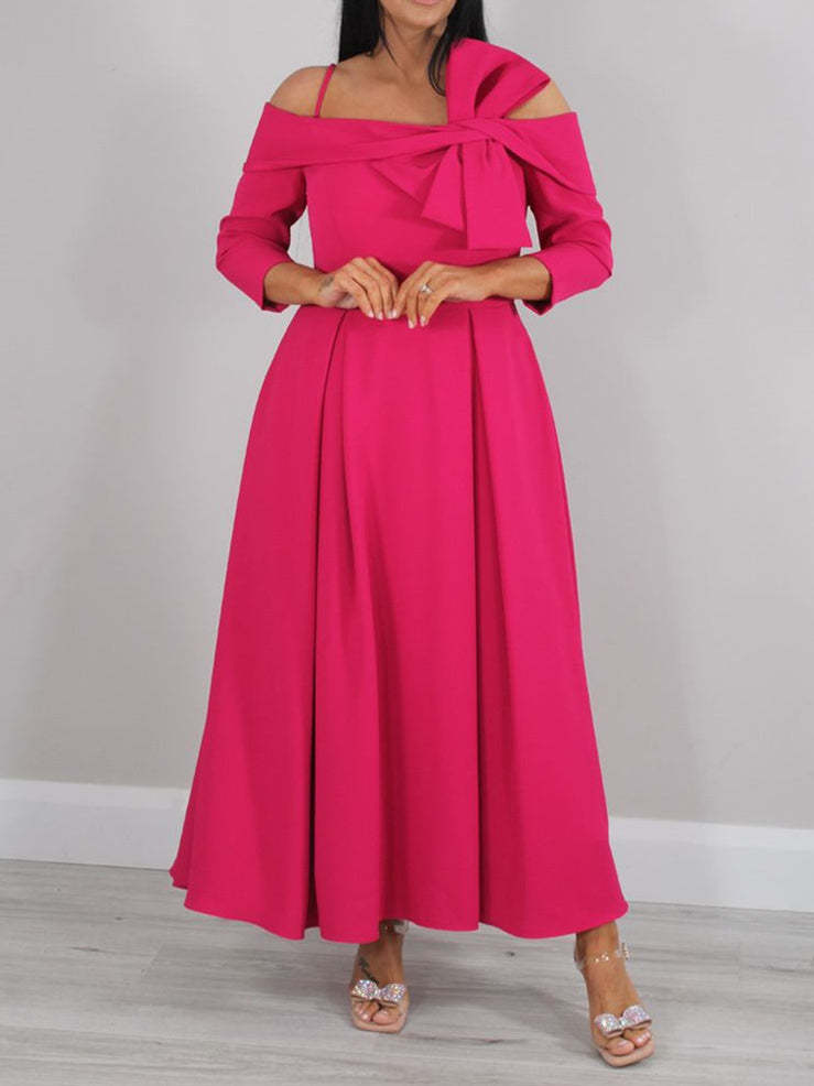Off-the-Shoulder A-Line/Princess Ankle-Length Mother of the Bride Dress with Bow(s) and 3/4 Sleeves-BMbridal
