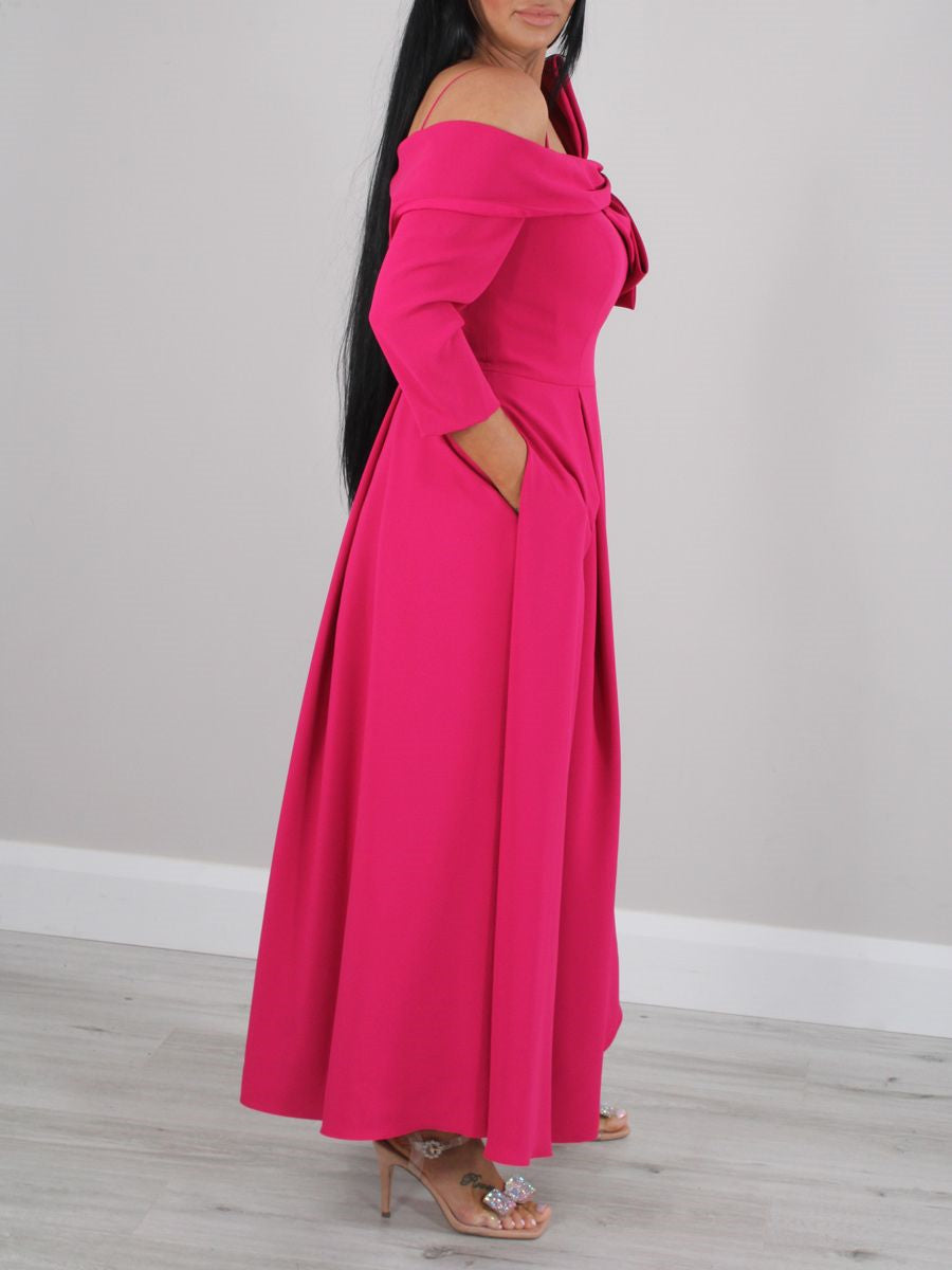 Off-the-Shoulder A-Line/Princess Ankle-Length Mother of the Bride Dress with Bow(s) and 3/4 Sleeves-BMbridal