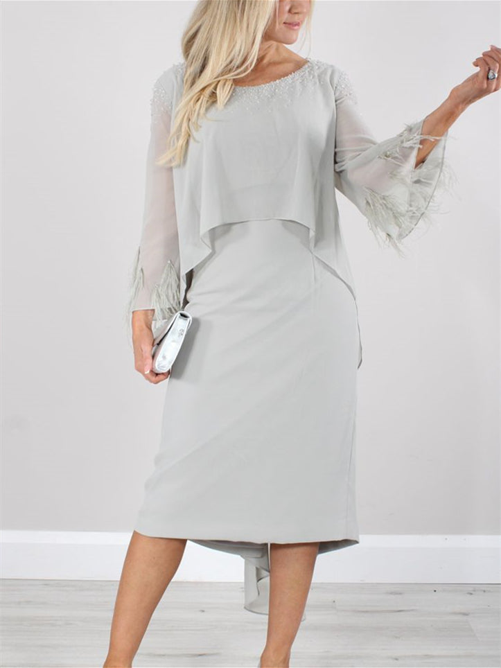 Round Neck Tea-Length Mother of the Bride Dress with Tassels and Long Sleeves-BMbridal