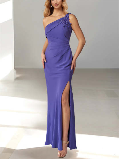One-Shoulder Sleeveless Floor-Length Sheath/Column Gown for the Mother of the Bride with Beaded Details-BMbridal