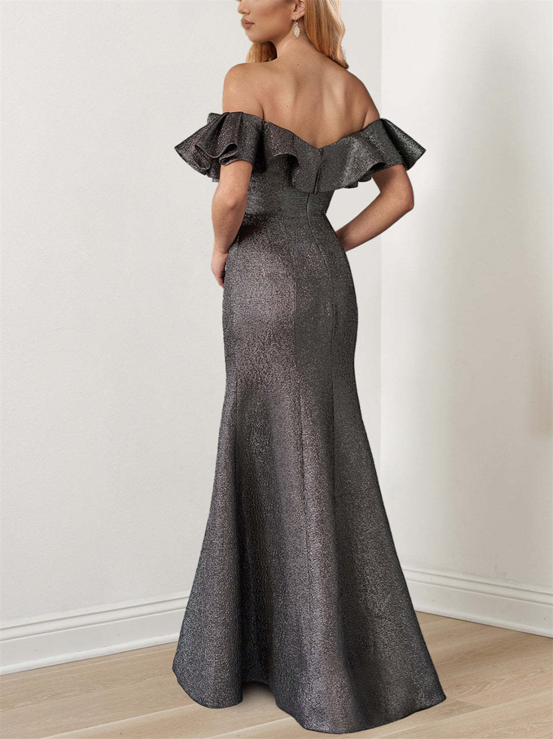 Off-the-Shoulder Floor-Length Mermaid/Trumpet Gown with Ruffle Sleeves for the Mother of the Bride