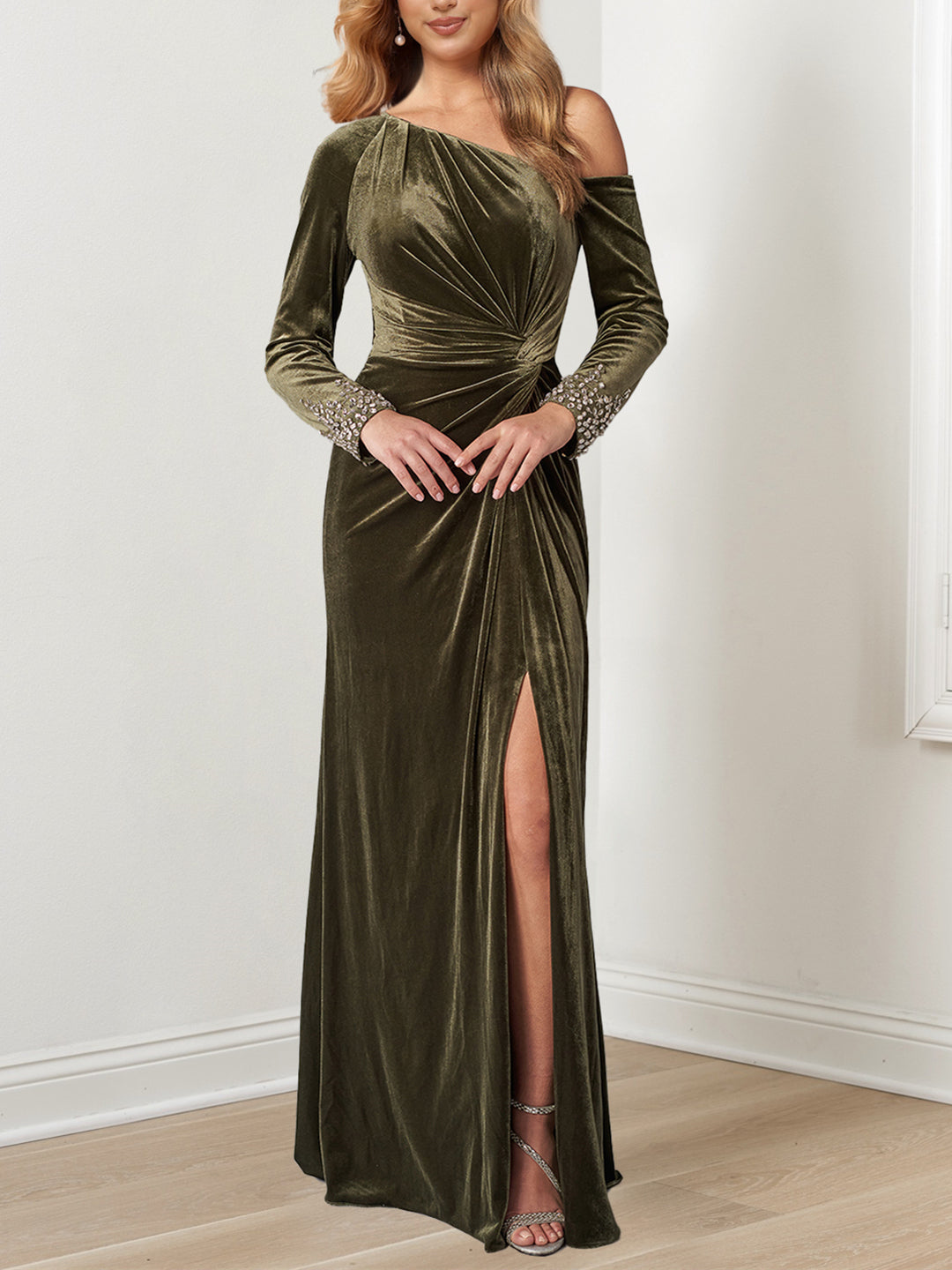 Floor-Length Mother of the Bride A-Line Dress with Beaded Cuffs and Asymmetrical Neckline-BMbridal
