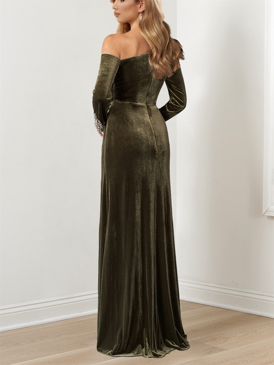 Floor-Length Mother of the Bride A-Line Dress with Beaded Cuffs and Asymmetrical Neckline-BMbridal