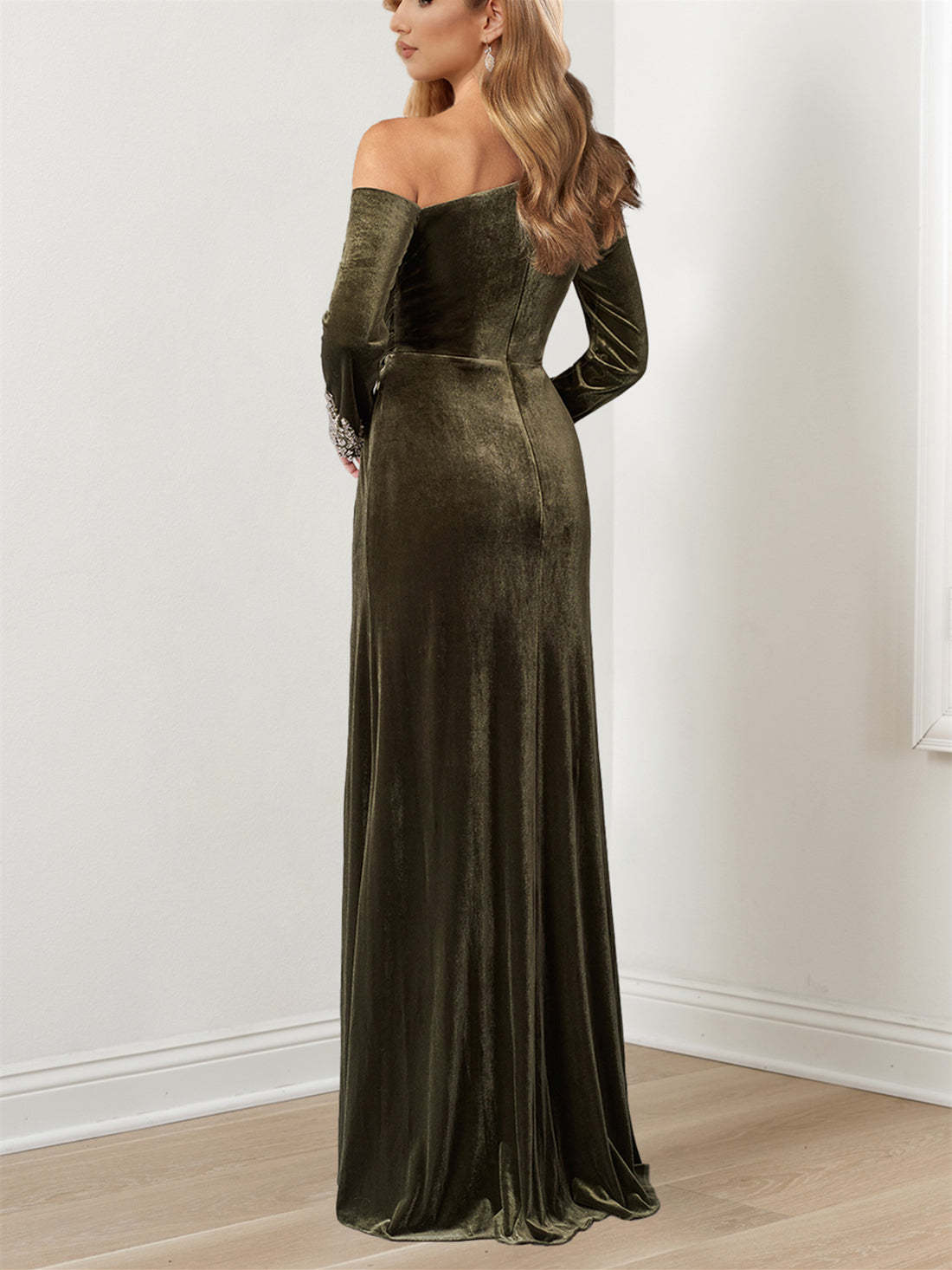 Floor-Length Mother of the Bride A-Line Dress with Beaded Cuffs and Asymmetrical Neckline-BMbridal