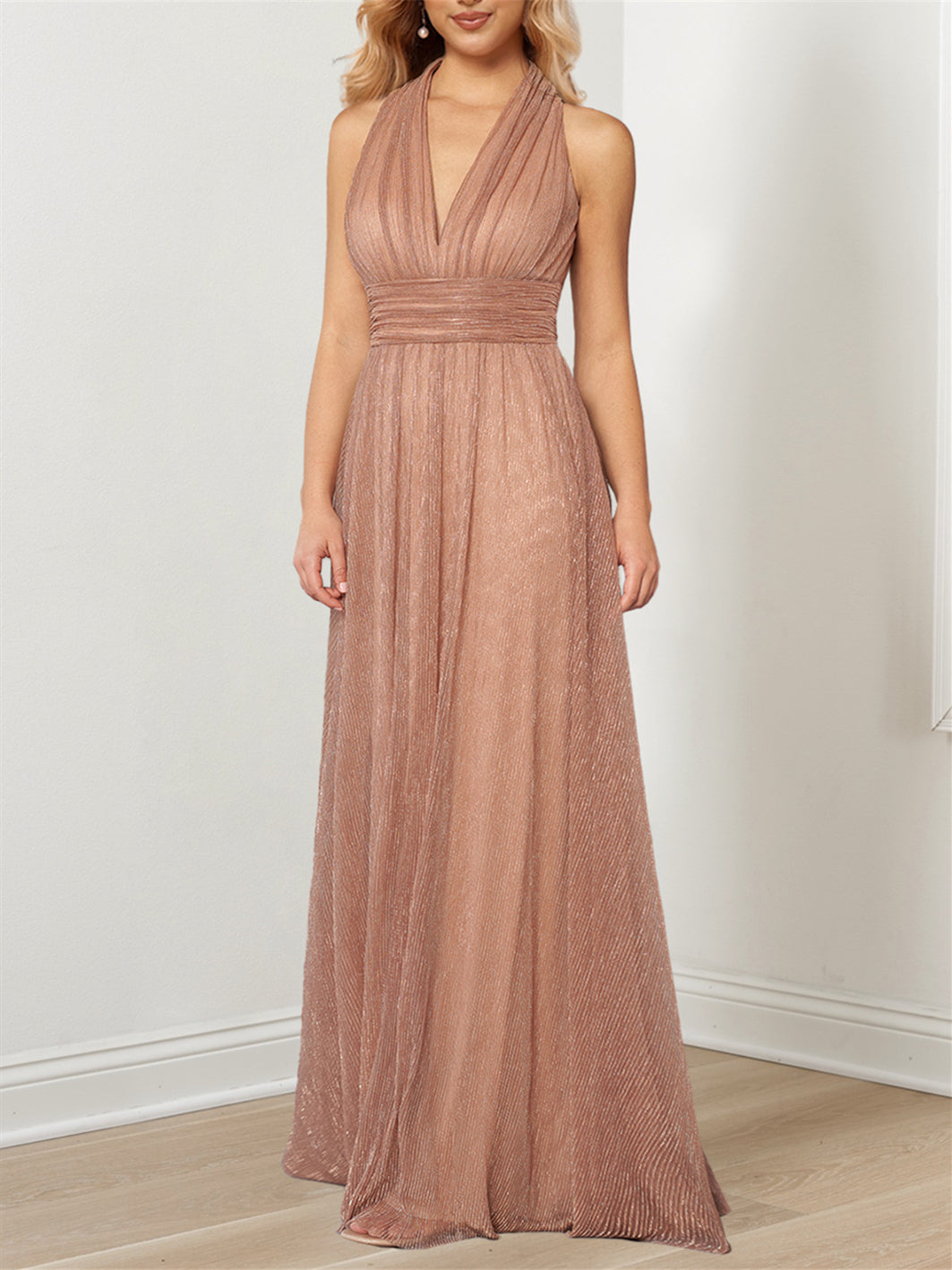 Metallic V-Neck Halter Mother of the Bride A-Line Floor-Length Dress-BMbridal