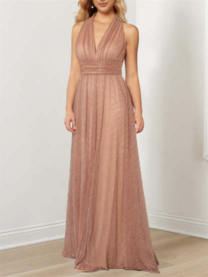 Metallic V-Neck Halter Mother of the Bride A-Line Floor-Length Dress-BMbridal