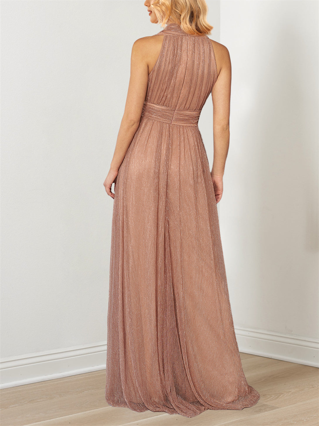 Metallic V-Neck Halter Mother of the Bride A-Line Floor-Length Dress-BMbridal