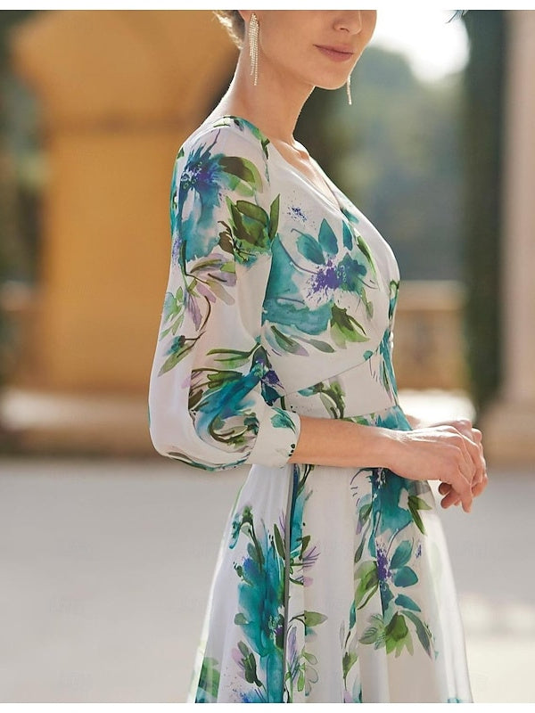 V-Neck A-Line Floral Asymmetrical Mother of the Bride Dress with 3/4 Sleeves-BMbridal