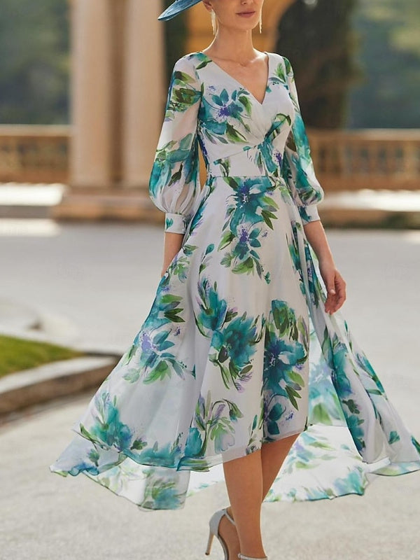 V-Neck A-Line Floral Asymmetrical Mother of the Bride Dress with 3/4 Sleeves-BMbridal