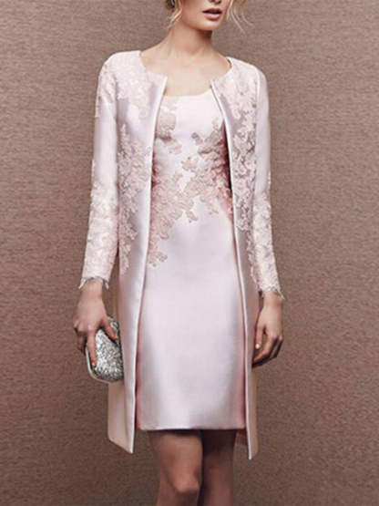 2 Knee-Length Satin Lace Sheath Dresses for Mothers of the Bride Sleeveless with Appliques-BMbridal