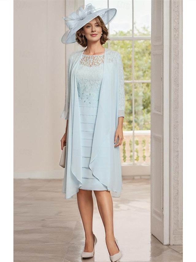 Knee-Length Jewel Neck Mother of the Bride Two-Piece Dress with Sheath/Column Silhouette and Jacket-BMbridal