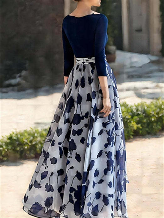 Floral Mother of the Bride Dress with V Neck and 3/4 Sleeves in A-Line/Princess Style-BMbridal
