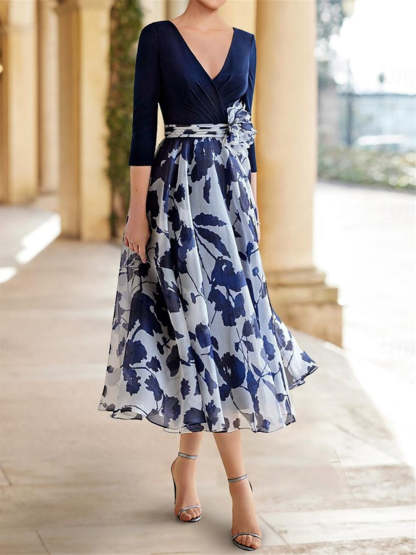 Princess A-Line V-Neck Floral Mother of the Bride Dress with 3/4 Sleeves and Ankle Length-BMbridal