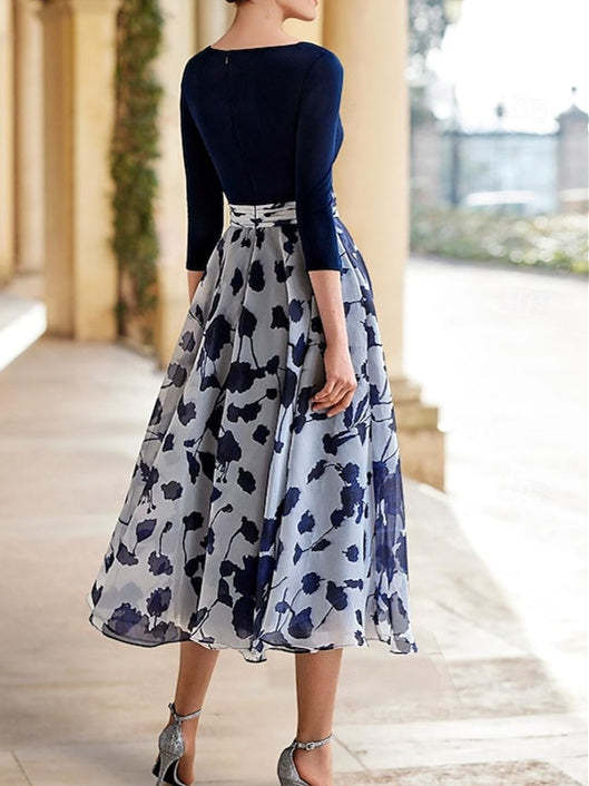 Princess A-Line V-Neck Floral Mother of the Bride Dress with 3/4 Sleeves and Ankle Length-BMbridal