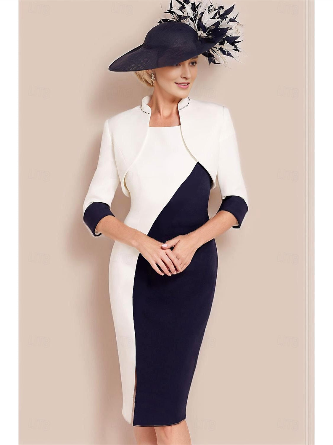 Knee-Length Two-Piece Jewel Neck Mother of the Bride Dress with Short Sleeves and Jacket-BMbridal