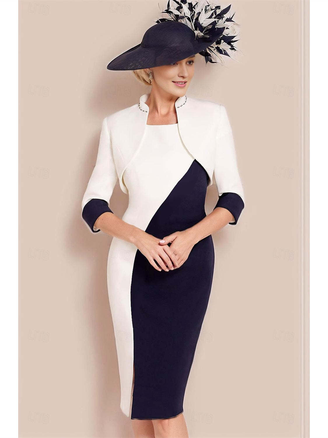 Knee-Length Two-Piece Jewel Neck Mother of the Bride Dress with Short Sleeves and Jacket-BMbridal