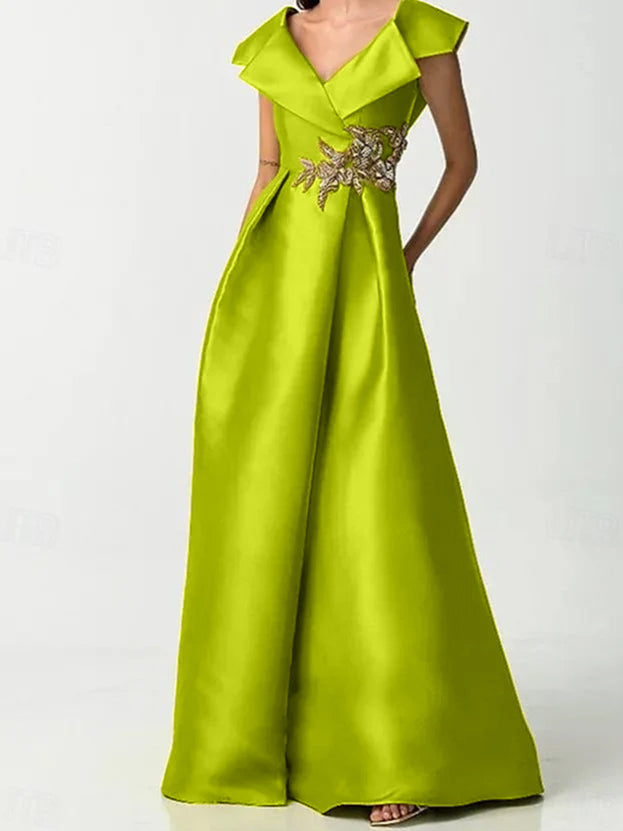 Short Sleeve V-Neck Satin A-Line Dress with Rhinestones for the Mother of the Bride-BMbridal