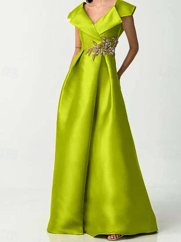 Short Sleeve V-Neck Satin A-Line Dress with Rhinestones for the Mother of the Bride-BMbridal