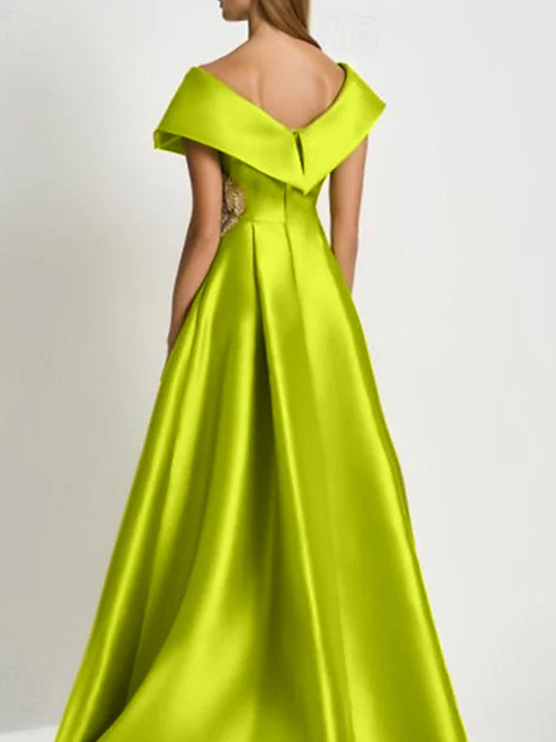 Short Sleeve V-Neck Satin A-Line Dress with Rhinestones for the Mother of the Bride-BMbridal