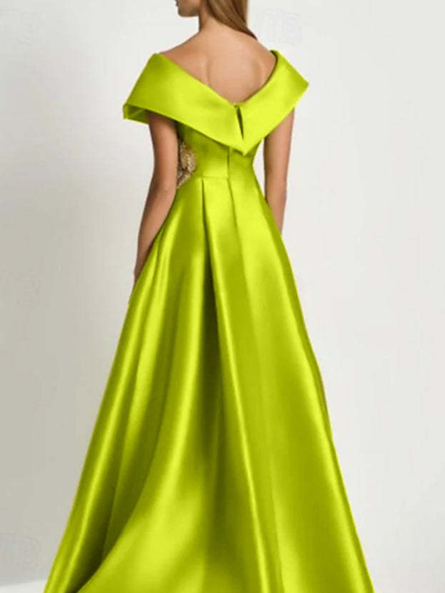 Short Sleeve V-Neck Satin A-Line Dress with Rhinestones for the Mother of the Bride-BMbridal